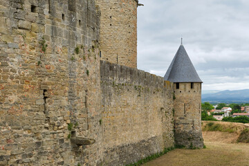 View of the fortified city of Carcasonne. Carcassonne is a medieval castle located in the French city of Carcassonne in Aude Occitanie Southern France
