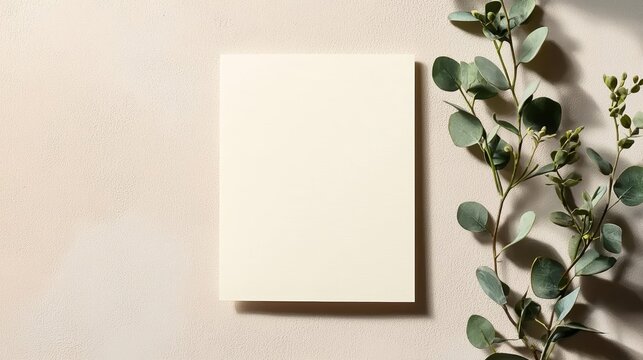 Top view of blank A6 card with greenery shadow, bright neutral background for stationery design