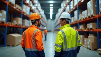 Two construction workers wearing bright safety gear converse while surrounded by tall shelves filled with cardboard boxes in a well-lit warehouse