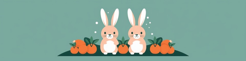 Fototapeta premium Two adorable cartoon bunnies stand side-by-side, surrounded by bright orange fruit and green leaves, against a soft green background.