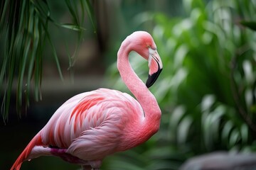 Fototapeta premium Pink flamingo is standing gracefully in a tropical forest