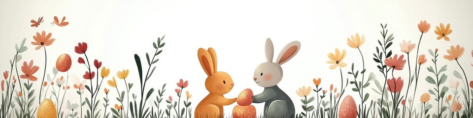 Obraz premium Two cute bunnies sitting in a field of colorful flowers, one holding a speckled Easter egg.