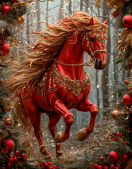 A magnificent red horse with beautiful luxury accessories in the forest among the trees on a New Year's background, close-up, New Year of the Horse