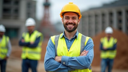 A friendly construction worker wearing a safety helmet and vest beams with confidence at a job site. His colleagues are seen standing behind him, engaged in work throughout the area