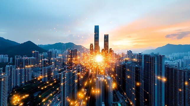 One example of a detailed description related to Category image for Aerials is a breathtaking aerial shot of a city skyline at dusk