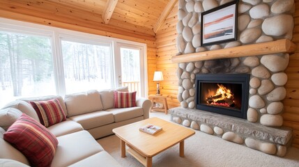 Fototapeta premium Cozy rustic cabin living area with a stone fireplace and comfortable sofas in warm earth tones