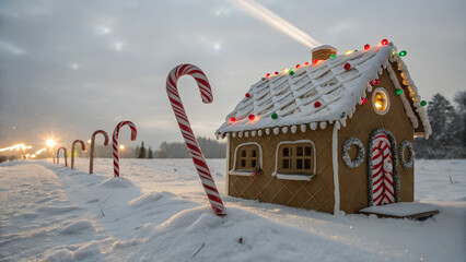 A christmas scene with a gingerbread house and candy canes.