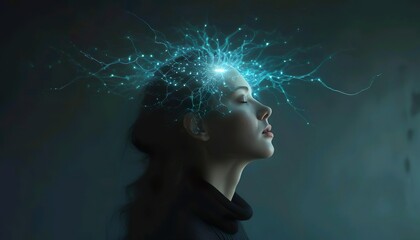A silhouette of a woman’s face with an intricate brain design, radiating energy and light, blending elements of fashion, art, and science, symbolizing the power of the mind and human potential