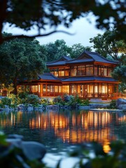 Naklejka premium Elegant Traditional Architecture by a Serene Pond - Peaceful Asian architecture, serene pond reflection, tranquil evening lighting, traditional design, cultural heritage.