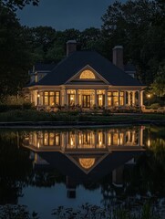 Fototapeta premium Elegant Traditional House by Serene Pond at Night - Luxurious home, tranquil pond reflection, architectural detail, nighttime ambiance, peaceful setting.