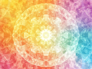 A vibrant, abstract mandala design with colorful gradients radiating from the center.