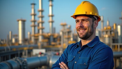 A worker in a hard hat displays a confident smile while standing at an industrial facility. The bright blue sky and tall smokestacks emphasize the bustling atmosphere of the site