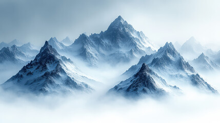 Obraz premium Misty winter mountain landscape with snow-capped peaks and a serene atmosphere, capturing the beauty of the chilly season.