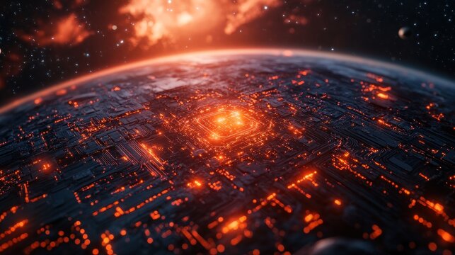 Futuristic planet with glowing circuitry.