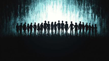 Collective representation of figures silhouetted against a backdrop, symbolizing unity in the fight against slavery and remembrance of its victims.