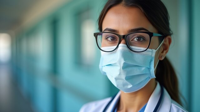 A dedicated healthcare worker stands in a hospital corridor, wearing glasses and a protective mask. The bright blue walls provide a calm background to her focused expression - Powered by Adobe