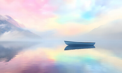 A tranquil scene featuring a lone boat on a serene lake surrounded by misty mountains.