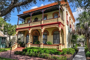 Obraz premium Saint Augustine's historic architecture features delightful colonial structures adorned with intricate details and vibrant facades, embodying its rich cultural legacy.