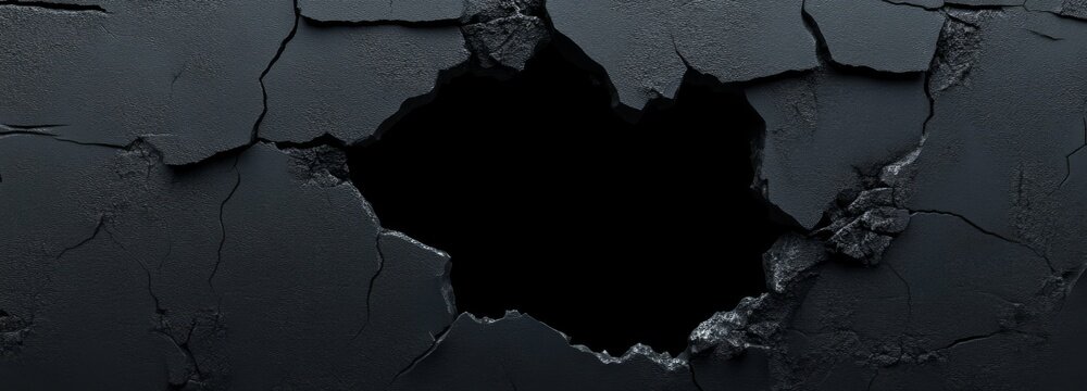 Black broken concrete wall or ground. Realistic 3d cracks and holes various size. Old or damaged by earthquake texture. Destruction effect with fissure and fracture.