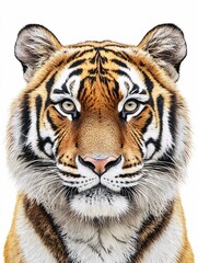 Obraz premium A striking illustration of a majestic tiger's face, highlighting its vivid orange fur and bold black stripes against a white background.