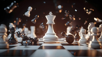 3d animation, chess game battle, white king chess piece jumps down, aggressive attack, all pawns fall down. Successful strategy, champion metaphor, leadership concept