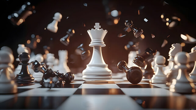 3d animation, chess game battle, white king chess piece jumps down, aggressive attack, all pawns fall down. Successful strategy, champion metaphor, leadership concept - Powered by Adobe