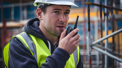 Engineer Communicating on Site with High Visibility Safety Gear