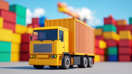 A vibrant yellow truck with a container is parked in a colorful shipping yard filled with stacked cargo boxes.