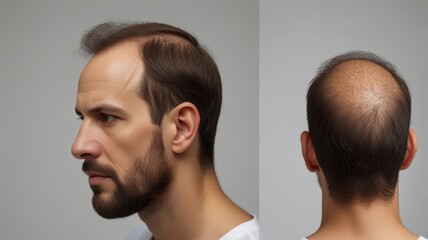 Fototapeta premium A man with thinning hair shows side and back views highlighting his receding hairline and bald spot against a plain grey background