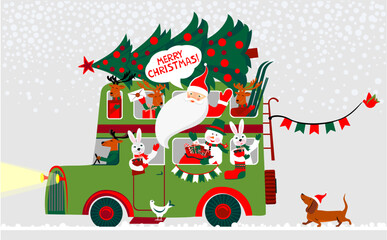 Christmas bus. Merry Christmas greeting card design. Happy New Year festive bus with cute cartoon animals: deers, rabbit bunny. Flat illustration. For print, poster, calendar, textile, souvenirs, card
