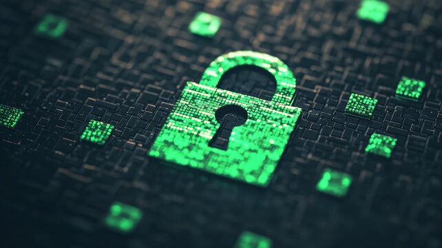 3D padlock symbolizing HTTPS security, surrounded by digital elements, represents online safety and encryption. vibrant green color enhances theme of protection
