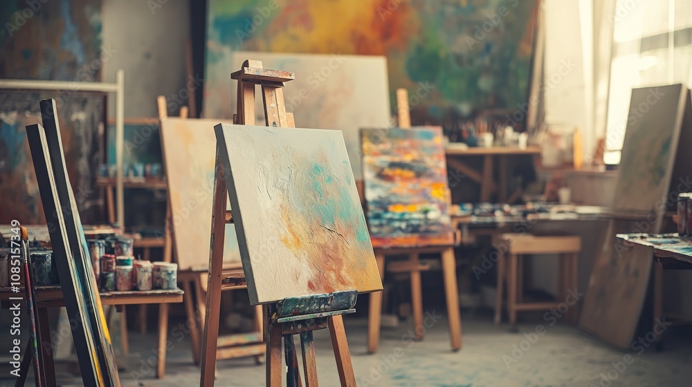Poster an organized art studio with easels and paint supplies, canvases and brushes ready for use, artistic