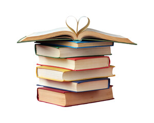 A stack of colorful books with an open book on top forming a heart shape in a creative display of literature