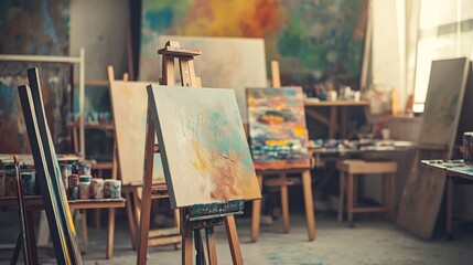 An organized art studio with easels and paint supplies, Canvases and brushes ready for use, Artistic bohemian style