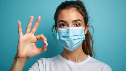A young woman demonstrates an okay gesture while wearing a light blue mask. The bright blue background highlights her expression of positivity and adherence to health guidelines during the pandemic