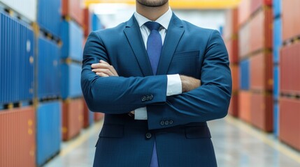 A confident professional man in a suit stands with arms crossed in a warehouse filled with colorful shipping containers.