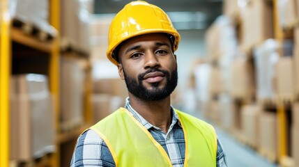 A confident warehouse worker in a safety vest and hard hat stands in an organized storage area, surrounded by stacked boxes.