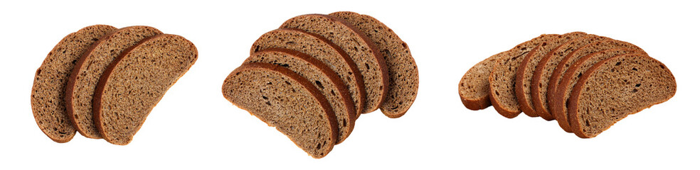 Freshly sliced whole grain bread arranged on a white background, showcasing texture and color for culinary presentation