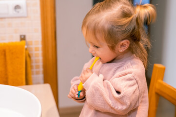 Healthy Habits: Toddler Brushing Teeth.  Concept Of Children's Dental Care, Healthy Habits, Education, Health, And Daily Routine At An Early Age