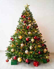 Decorated christmas tree with ornaments and lights on white background