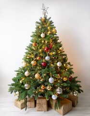 Fototapeta premium Decorated christmas tree with ornaments and lights on white background