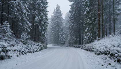 Fototapeta premium A snowy winter road winds through a serene, snow-kissed forest