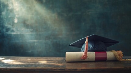A graduation cap and diploma resting on a wooden surface, symbolizing academic achievement.