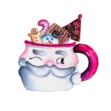 Santa Candy Cup Cute Watercolor Illustration