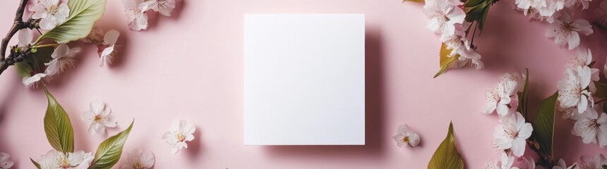Minimalistic spring mockup with a pink pastel background and a white blank card for text or design, cherry blossoms on the sides	
