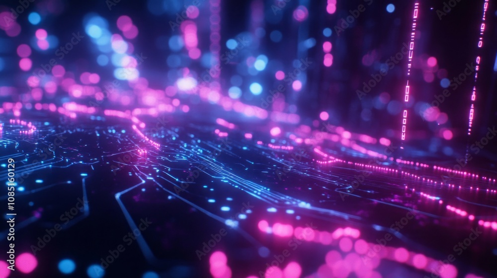Poster A computer generated image of a cityscape with a blue and pink color scheme