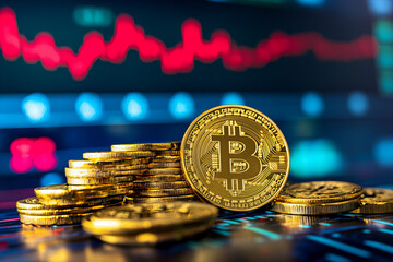 Golden coin stacks with fluctuating market graphs showcasing economic stability, cryptocurrency trading, and financial success