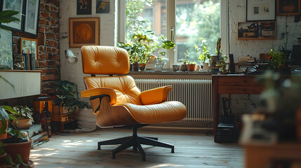Leather Swivel Chair in a Bright Room with Plants and Artwork