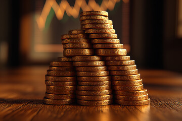 Golden coin stacks with fluctuating market graphs showcasing economic stability, cryptocurrency trading, and financial success