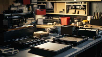 An organized photography darkroom setup, Enlarger and developing trays neatly arranged on a counter, Minimalist artistic style